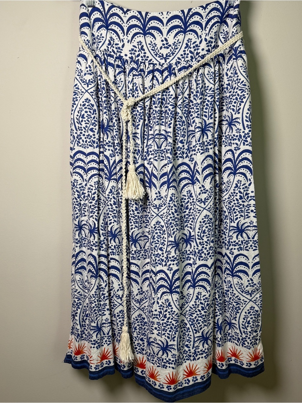Rachel Zoe Linen Blend Maxi Skirt L Blue White Coastal Grandmother Boho Resort